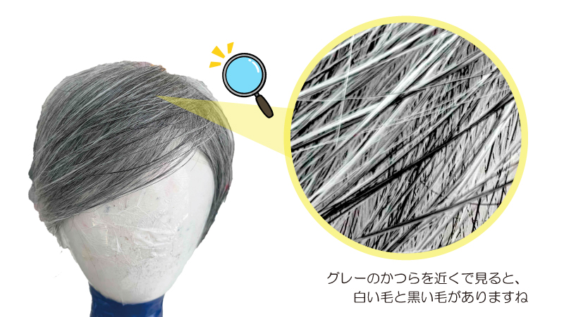 グレーのかつらを近くで見ると白い毛と黒い毛がある