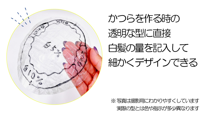 かつらを作る時の透明な型に直接白髪の量を記入して細かくデザインできる