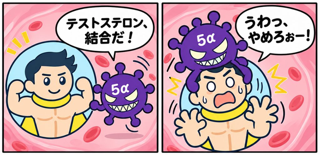 テストステロンが5αリダクターゼと結合する漫画