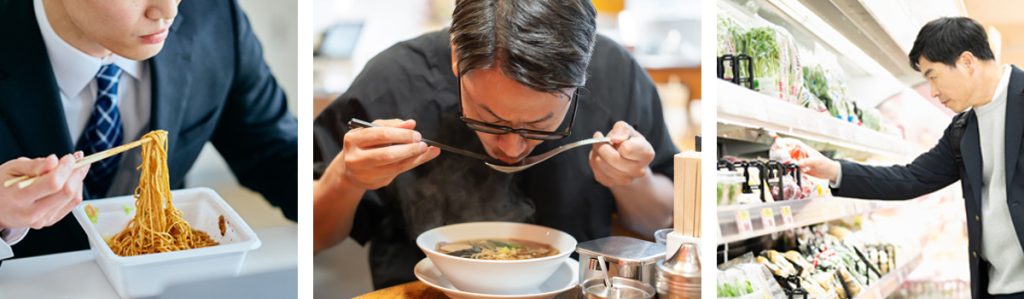 髪の毛にいい食品、控えたい食品のイメージ画像、コンビニで食べ物を選ぶ男性